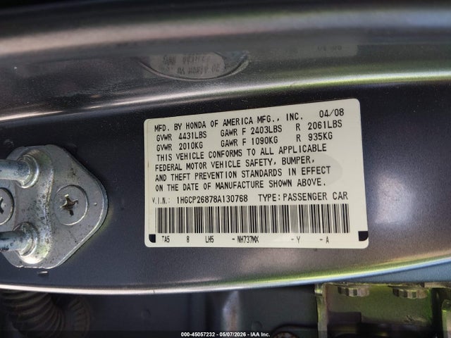 Aukcja sprzedaży 2008 Honda Accord 2.4 Ex-l, vin: 1HGCP26878A130768, numer aukcji: 45057232