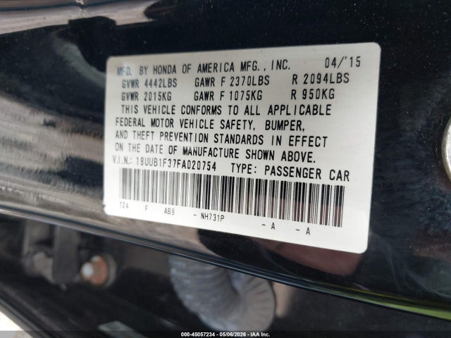 45057234 :رقم المزاد ، 19UUB1F37FA020754 vin ، 2015 Acura Tlx مزاد بيع
