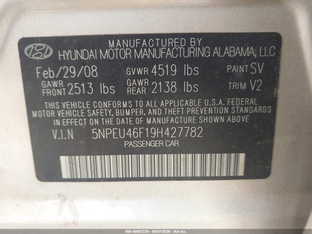 Auction sale of the 2009 Hyundai Sonata Limited V6, vin: 5NPEU46F19H427782, lot number: 45057239