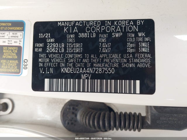 45057249 :رقم المزاد ، KNDEU2AA4N7287550 vin ، 2022 Kia Seltos S مزاد بيع