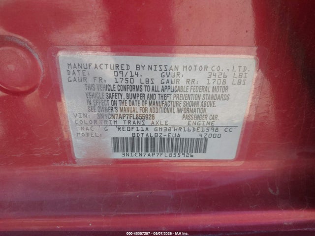 Продаж на аукціоні авто 2015 Nissan Versa 1.6 Sv, vin: 3N1CN7AP7FL855926, номер лоту: 45057257