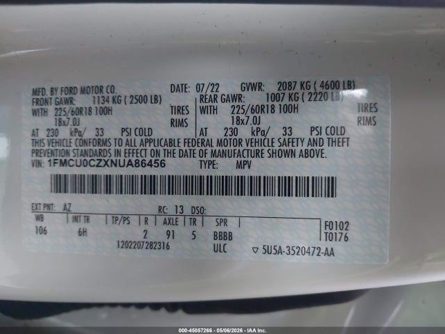 Продаж на аукціоні авто 2022 Ford Escape Sel Hybrid, vin: 1FMCU0CZXNUA86456, номер лоту: 45057266
