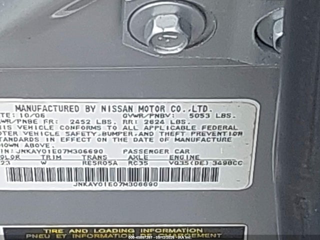 Aukcja sprzedaży 2007 Infiniti M35 Sport, vin: JNKAY01E07M306690, numer aukcji: 45057287