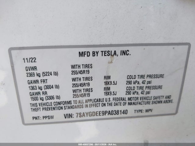 Auction sale of the 2023 Tesla Model Y Awd/long Range Dual Motor All-wheel Drive, vin: 7SAYGDEE9PA038140, lot number: 45057296