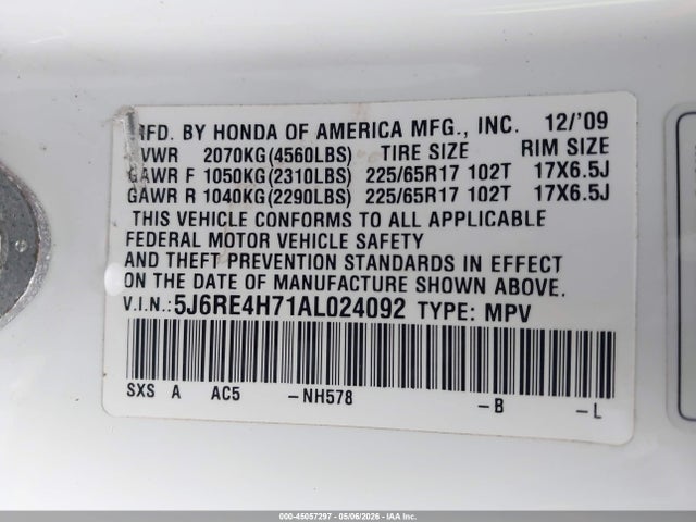 Продажа на аукционе авто 2010 Honda Cr-v Ex-l, vin: 5J6RE4H71AL024092, номер лота: 45057297