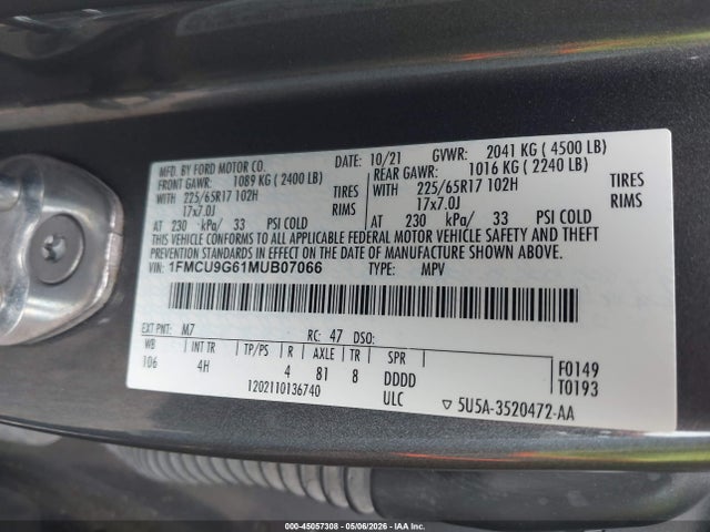 2021 Ford Escape Se მანქანა იყიდება აუქციონზე, vin: 1FMCU9G61MUB07066, აუქციონის ნომერი: 45057308