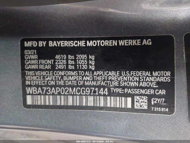 45057310 :رقم المزاد ، WBA73AP02MCG97144 vin ، 2021 Bmw 430i Xdrive مزاد بيع