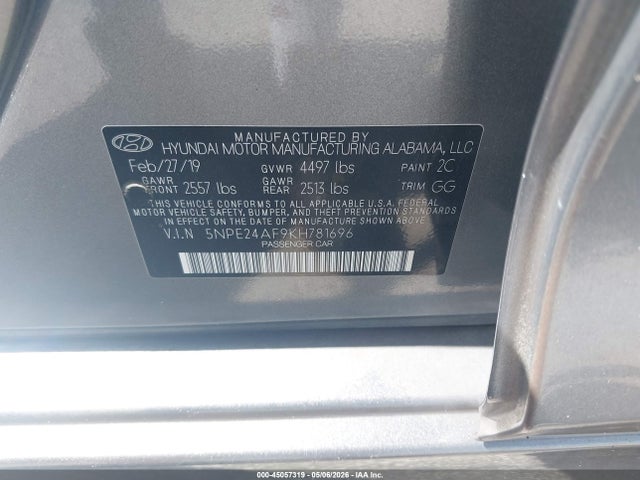 Продаж на аукціоні авто 2019 Hyundai Sonata Se, vin: 5NPE24AF9KH781696, номер лоту: 45057319
