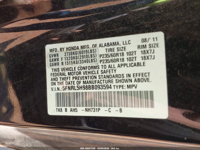 Aukcja sprzedaży 2011 Honda Odyssey Touring/touring Elite, vin: 5FNRL5H98BB093594, numer aukcji: 45057339