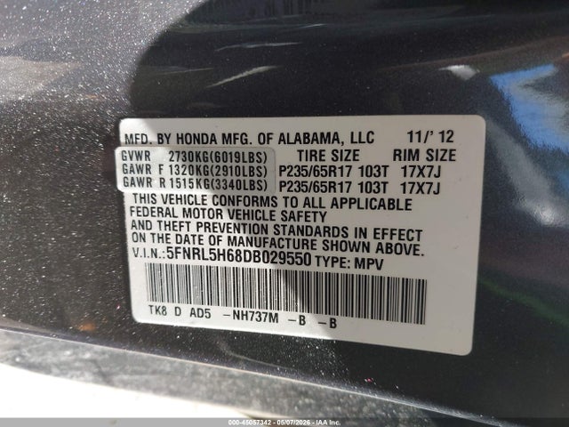 Продажа на аукционе авто 2013 Honda Odyssey Ex-l, vin: 5FNRL5H68DB029550, номер лота: 45057342