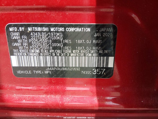 Aukcja sprzedaży 2021 Mitsubishi Outlander Sport 2.0 Se 2wd, vin: JA4APVAU0MU020692, numer aukcji: 45057347
