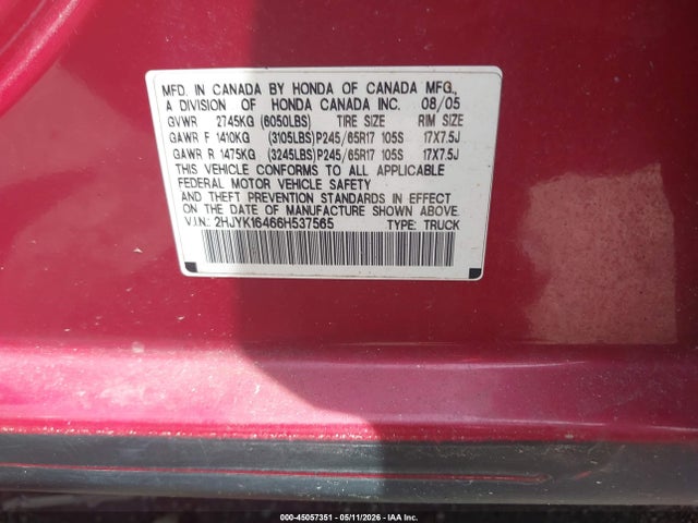 2006 Honda Ridgeline Rts მანქანა იყიდება აუქციონზე, vin: 2HJYK16466H537565, აუქციონის ნომერი: 45057351