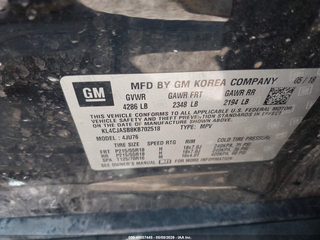 2019 Buick Encore Fwd Preferred მანქანა იყიდება აუქციონზე, vin: KL4CJASB8KB702518, აუქციონის ნომერი: 45057445
