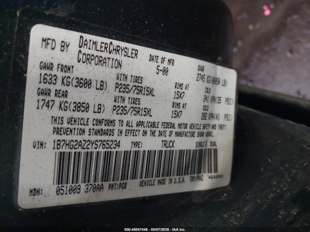 Продажа на аукционе авто 2000 Dodge Dakota Slt/sport, vin: 1B7HG2AZ2YS765234, номер лота: 45057446