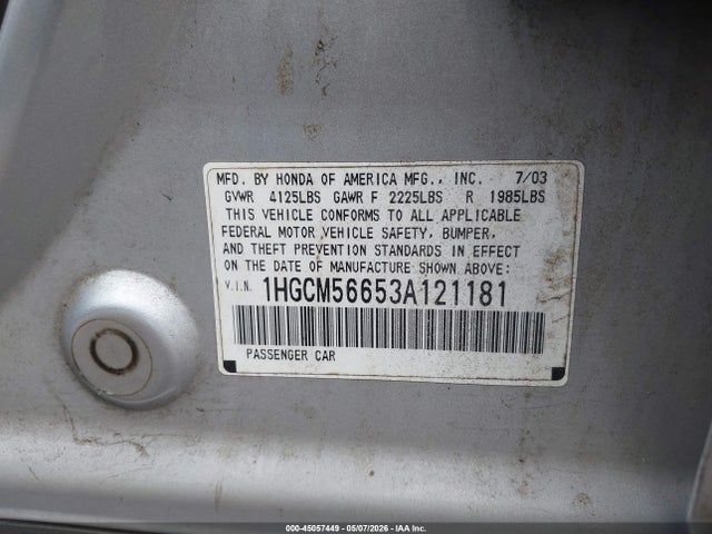 Aukcja sprzedaży 2003 Honda Accord 2.4 Ex, vin: 1HGCM56653A121181, numer aukcji: 45057449