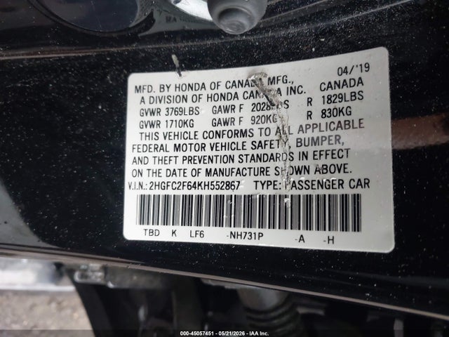 Продаж на аукціоні авто 2019 Honda Civic Lx, vin: 2HGFC2F64KH552867, номер лоту: 45057451