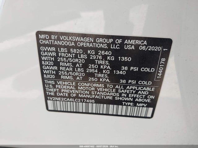 2020 Volkswagen Atlas Cross Sport 3.6l V6 Sel Premium მანქანა იყიდება აუქციონზე, vin: 1V2NE2CA6LC217495, აუქციონის ნომერი: 45057452