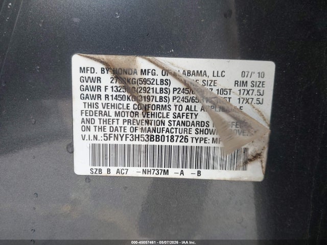 Продаж на аукціоні авто 2011 Honda Pilot Ex-l, vin: 5FNYF3H53BB018726, номер лоту: 45057461