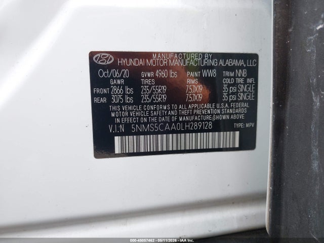 2020 Hyundai Santa Fe Limited 2.0t მანქანა იყიდება აუქციონზე, vin: 5NMS5CAA0LH289128, აუქციონის ნომერი: 45057462