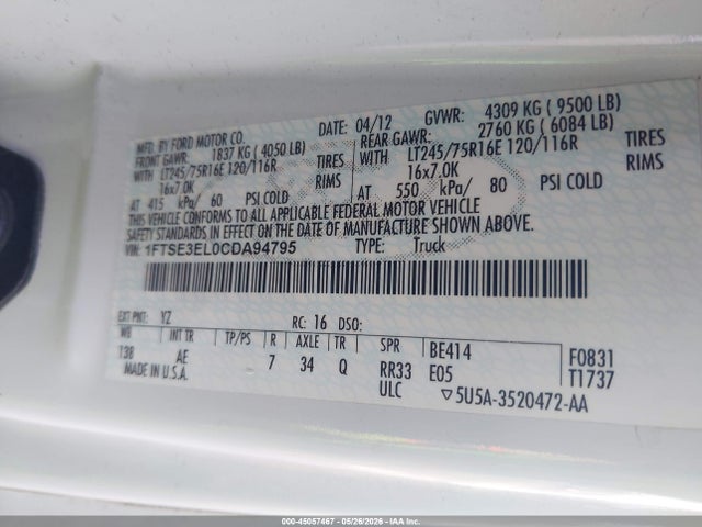Aukcja sprzedaży 2012 Ford E-350 Super Duty Commercial, vin: 1FTSE3EL0CDA94795, numer aukcji: 45057467