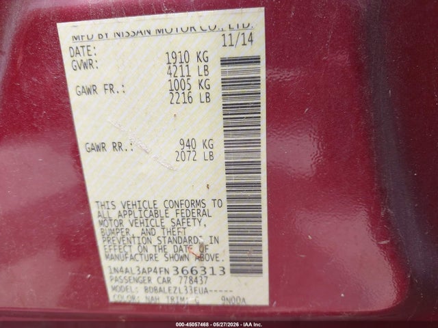 Aukcja sprzedaży 2015 Nissan Altima 2.5 S, vin: 1N4AL3AP4FN366313, numer aukcji: 45057468