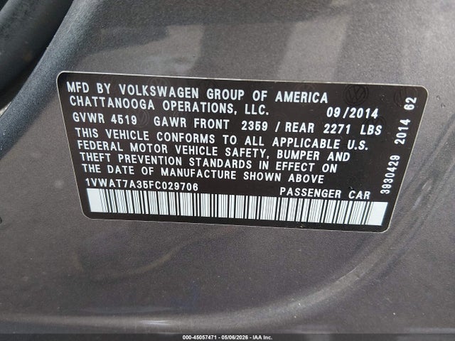 Aukcja sprzedaży 2015 Volkswagen Passat 1.8t Wolfsburg Edition, vin: 1VWAT7A35FC029706, numer aukcji: 45057471