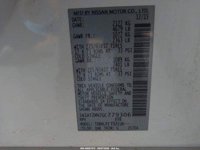 45057472 :رقم المزاد ، 5N1AT2MV2GC779306 vin ، 2016 Nissan Rogue S/sl/sv مزاد بيع