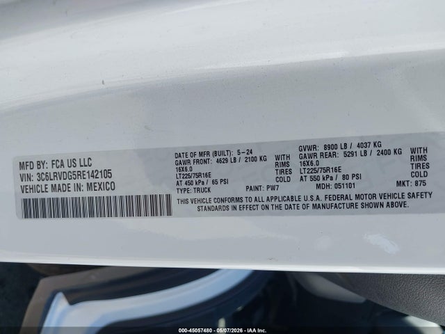 Auction sale of the 2024 Ram Promaster 2500 Tradesman High Roof 159 Wb W/pass Seat, vin: 3C6LRVDG5RE142105, lot number: 45057480