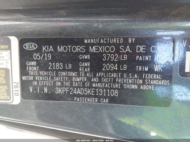 Продаж на аукціоні авто 2019 Kia Forte Lxs, vin: 3KPF24AD5KE131108, номер лоту: 45057481
