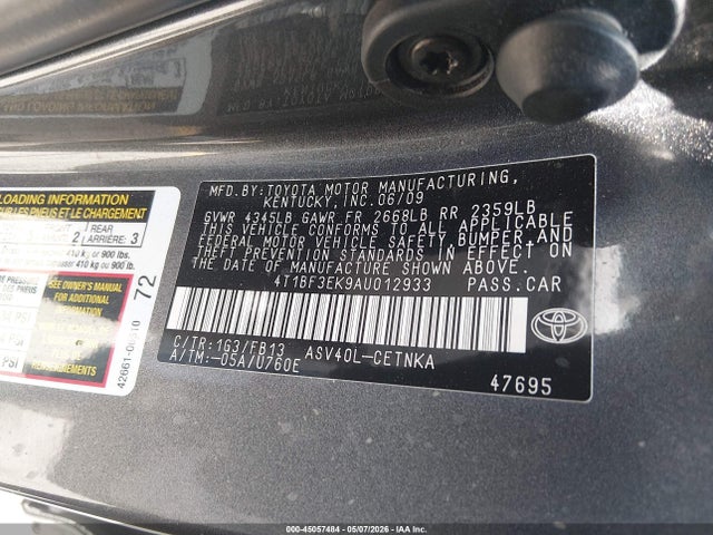 2010 Toyota Camry Le მანქანა იყიდება აუქციონზე, vin: 4T1BF3EK9AU012933, აუქციონის ნომერი: 45057484