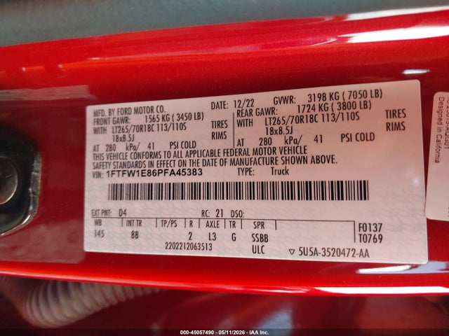 45057490 :رقم المزاد ، 1FTFW1E86PFA45383 vin ، 2023 Ford F-150 Xl مزاد بيع