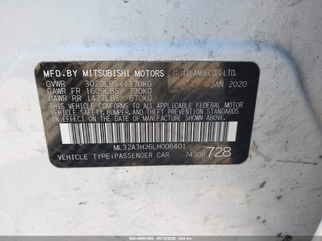 Продаж на аукціоні авто 2020 Mitsubishi Mirage Es/se, vin: ML32A3HJ6LH006401, номер лоту: 45057495
