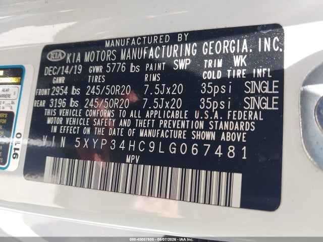 45057505 :رقم المزاد ، 5XYP34HC9LG067481 vin ، 2020 Kia Telluride Ex مزاد بيع