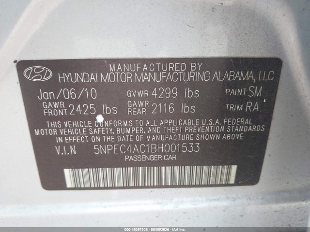2011 Hyundai Sonata Limited მანქანა იყიდება აუქციონზე, vin: 5NPEC4AC1BH001533, აუქციონის ნომერი: 45057506