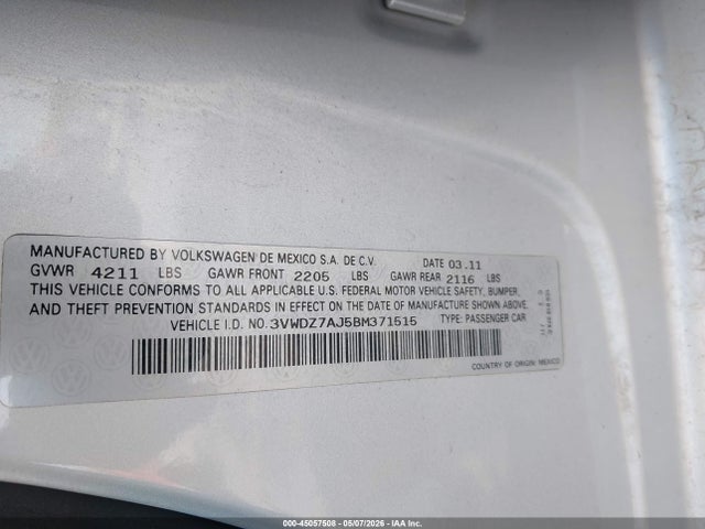 2011 Volkswagen Jetta 2.5l Se მანქანა იყიდება აუქციონზე, vin: 3VWDZ7AJ5BM371515, აუქციონის ნომერი: 45057508