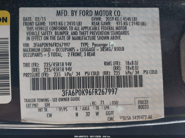 45057512 :رقم المزاد ، 3FA6P0K96FR267997 vin ، 2015 Ford Fusion Titanium مزاد بيع