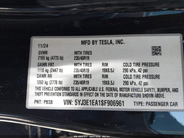 Aukcja sprzedaży 2025 Tesla Model 3 Long Range Rear-wheel Drive/standard Rear-wheel Drive, vin: 5YJ3E1EA1SF906961, numer aukcji: 45057517