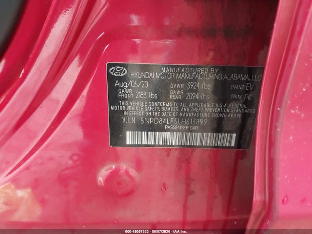 2020 Hyundai Elantra Sel მანქანა იყიდება აუქციონზე, vin: 5NPD84LF5LH613899, აუქციონის ნომერი: 45057522