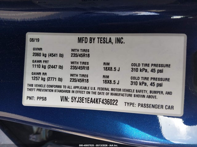 Tesla Model 3 Long Range/mid Range/standard Range/standard Range Plus 2019 5YJ3E1EA4KF436022 Image 9