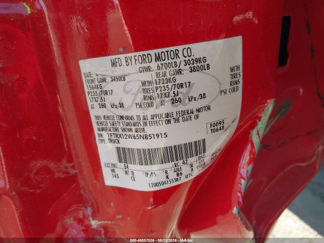 45057526 :رقم المزاد ، 1FTRX12W65NB51915 vin ، 2005 Ford F-150 Stx/xl/xlt مزاد بيع