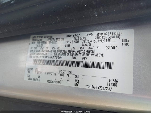 45057531 :رقم المزاد ، 1FMZK1YM6HKA75604 vin ، 2017 Ford Transit-150 Xl مزاد بيع