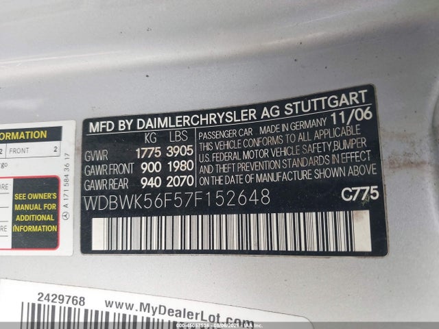 Продаж на аукціоні авто 2007 Mercedes-benz Slk 350, vin: WDBWK56F57F152648, номер лоту: 45057536