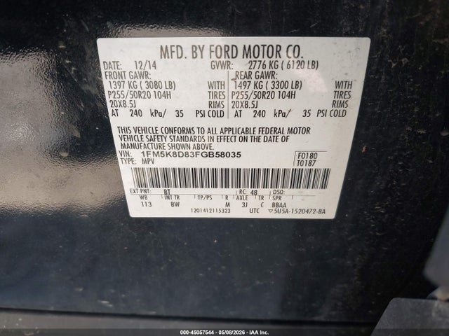 45057544 :رقم المزاد ، 1FM5K8D83FGB58035 vin ، 2015 Ford Explorer Xlt مزاد بيع