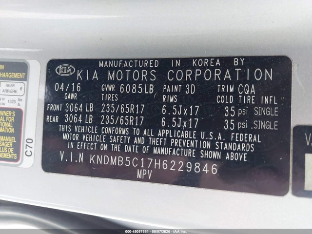 Aukcja sprzedaży 2017 Kia Sedona Lx, vin: KNDMB5C17H6229846, numer aukcji: 45057551