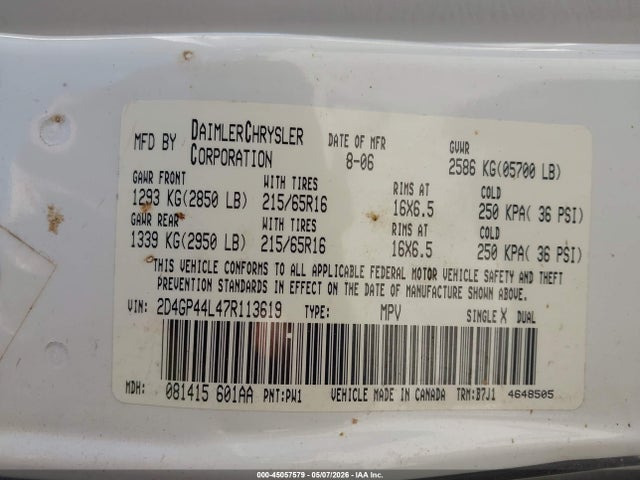 Aukcja sprzedaży 2007 Dodge Grand Caravan Sxt, vin: 2D4GP44L47R113619, numer aukcji: 45057579