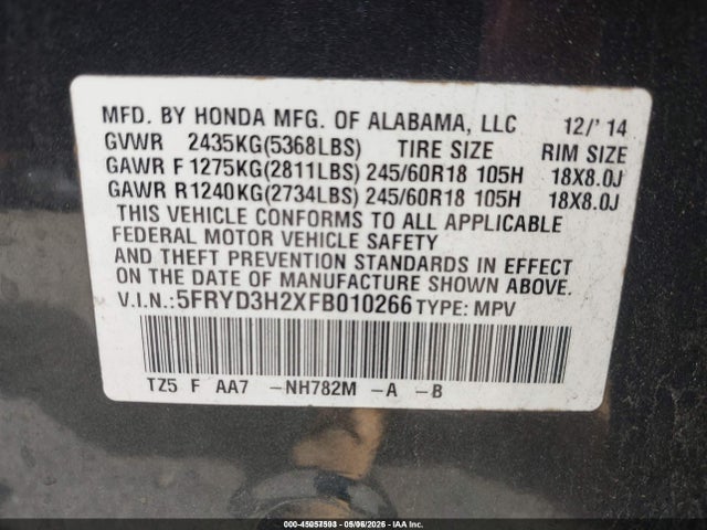 2015 Acura Mdx მანქანა იყიდება აუქციონზე, vin: 5FRYD3H2XFB010266, აუქციონის ნომერი: 45057593