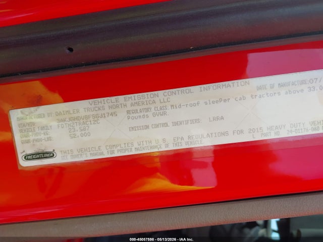 45057598 :رقم المزاد ، 3AKJGHDV8FSGJ1745 vin ، 2015 Freightliner Cascadia 113 مزاد بيع