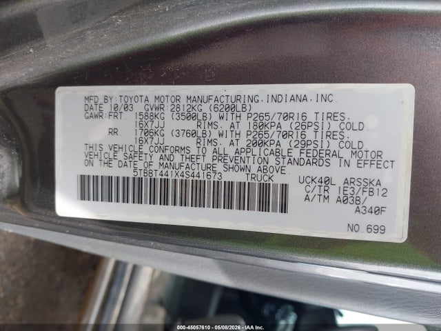 Продаж на аукціоні авто 2004 Toyota Tundra Sr5 V8, vin: 5TBBT441X4S441673, номер лоту: 45057610