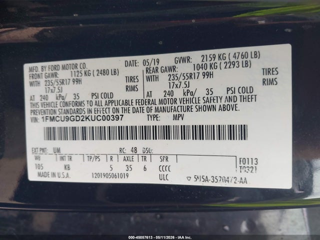 Продажа на аукционе авто 2019 Ford Escape Se, vin: 1FMCU9GD2KUC00397, номер лота: 45057613