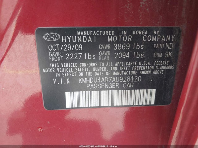 2010 Hyundai Elantra Gls მანქანა იყიდება აუქციონზე, vin: KMHDU4AD7AU928120, აუქციონის ნომერი: 45057619